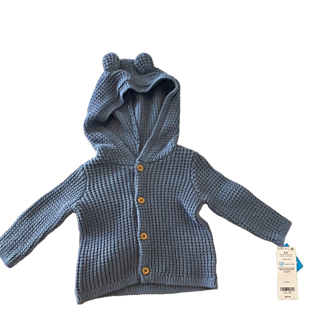 Carter's 3M Blue Hooded Knit Cotton Cardigan Sweater Button V-Neck Bear